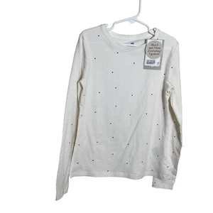 H&M T-Shirt Girl's Youth 8/10 Polka Dot Long Sleeve Round Neck Tee White NWT - Picture 1 of 9