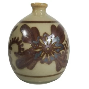 Vintage BALL VASE small neck mouth ART POTTERY Brown FLowers Floral Design 3.5" - Picture 1 of 8