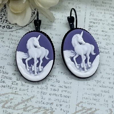 Pendientes Púrpura Unicornio Mitología Magia Negro Boda Cumpleaños Regalo Camafeo Fiesta Foto 1 de 4