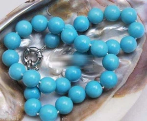 Natural 10mm Round Turquoise Blue South Sea Shell Pearl Necklace 18'' - Picture 1 of 4