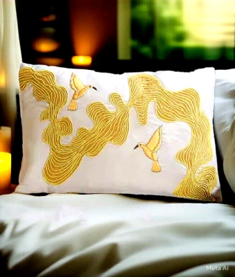 Off White/Yellow Premium Velvet Bird Hand Embroidered Cushion Cover, set of 2 - Image 1 of 4