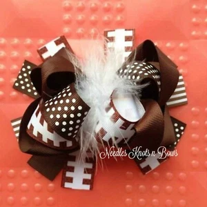 Girls Football Hair Bow, Layered Boutique OTT Hair Bow with Boa Feather Center - Picture 1 of 9