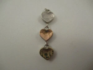 Vintage Sterling Silver 14K Gold Dangle Drop Pendant Stacked Hearts - Picture 1 of 5