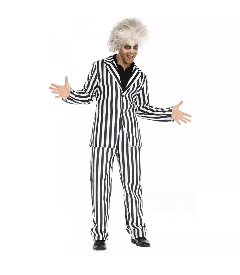 Disfraz Beetlejuice Traje Adulto Halloween Hombres Mujeres Talla Pequeña Nuevo Sin Etiquetas Conjunto de 2 Piezas Foto 1 de 4