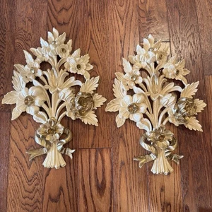 Vintage italienischer Euromarchi Blumen Wandbehang 3D Harz creme gold Guilded Italy - Bild 1 von 15