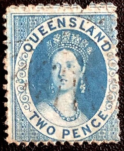 1868 QUEENSLAND 2d STAMP-TWOPENCE-CHALON-QUEEN VICTORIA-Sg AU QU 81-USED - Picture 1 of 3