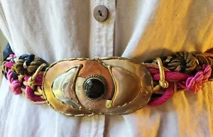 Cintura vintage anni 80 design corda intrecciata dichiarazione ottone rame cabochon fibbia oro - Foto 1 di 6