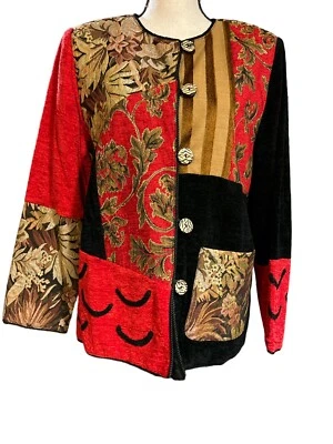 Nuevo con etiquetas de colección. Chaqueta Indigo Moon Talla M, Tapiz Mixto Rojo/Negro, Botón Madera QVC Foto 1 de 4