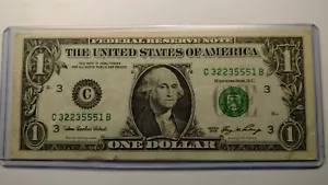 Fancy Serial Number C 32235551 B 2006 $1.00 Bill Federal Reserve Note Circulate - Picture 1 of 2