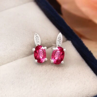 AAA Impecable Fino Zafiro Rosa 925 Plata de Ley Piedras Pendientes 6x4 MM - Imagen 1 de 3