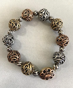 CAROLYN POLLACK VTG 7.5" Sterling Bronze Brass Filigree Bead Ball Bracelet M - Picture 1 of 7
