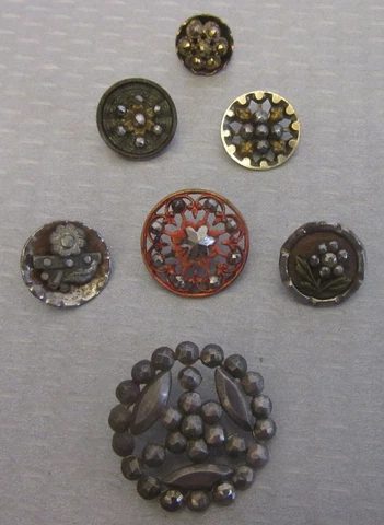 antique lot CUT STEEL BUTTONS mixed metal 7P flowers 1" rivets estate collection Cover