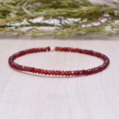 Natural Red Garnet 3-4MM Faceted Round Gemstone Beaded 6-8" Stretchable Bracelet - Image 1 of 4