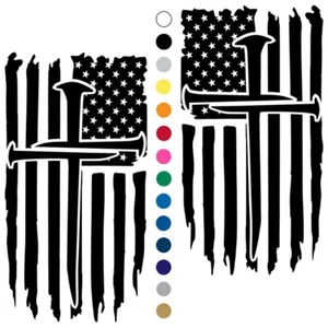 Distressed American Flag Christian Nail Cross Decal Set of 2 Vinyl Sticker - Picture 1 of 4