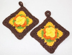 2er Set Vintage Handarbeit Topflappen gehäkelt Retro 70er braun/orange Wanddeko - Bild 1 von 3