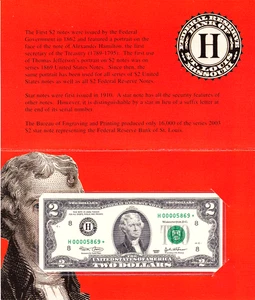 St Louis 2003 $2 FRN *STAR* con sobre BEP, bajo 16 k de colección #H00005869* - Imagen 1 de 2