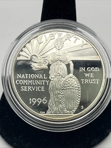 1996-S National Community Service Silver Proof Commem. Dollar in Caps No Box/COA - Picture 1 of 2
