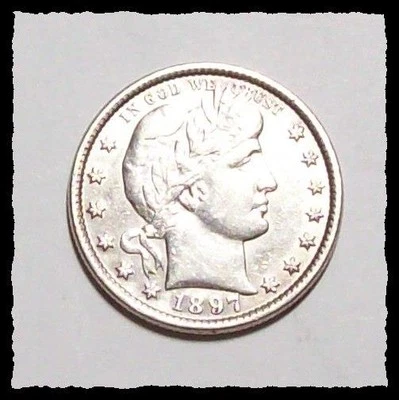 1897-P BARBER QUARTER  Bright White  Nice AU   #5D46 .900 Fine SILVER US COIN - Image 1 of 2