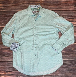 Robert Graham Shirt Large Cyan Blue Flip Cuff Pattern All Over Long Sleeve - Picture 1 of 10