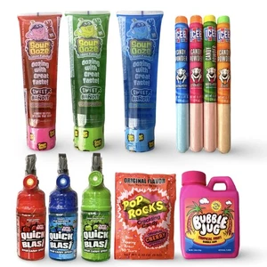 Paquete de 8 muestras Sour Candy tamaño completo | Sour Ooze, explosión rápida, jarra de burbujas, Pop R - Imagen 1 de 7