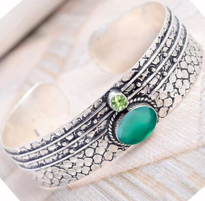 Green Onyx, Peridot Gemstone Bracelet 925 Sterling Silver New Look Man's Cuff-AA - Picture 1 of 8