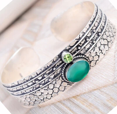 Green Onyx, Peridot Gemstone Bracelet 925 Sterling Silver New Look Man's Cuff-AA - Image 1 of 4