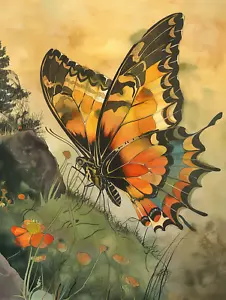 Vintage Style Butterfly on Floral Meadow Poster 18x24in - Picture 1 of 1