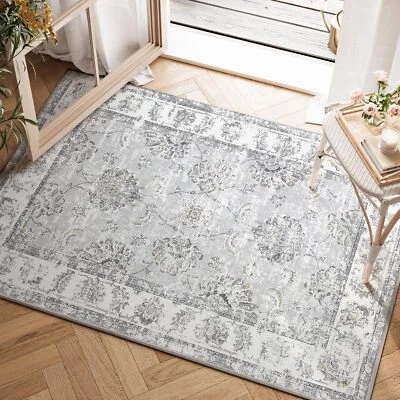 2x3 Vintage Grey Floral Print Rug Non-Slip Washable Entryway Accent Mat - Image 1 of 4