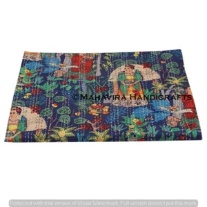 Floral Print Pure Cotton Blue Kantha Quilt Coverlet Queen Size Bedspread - Picture 1 of 5