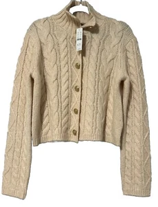 J.Crew Cable Knit Turtleneck Cardigan Sweater Natural Size Medium - Picture 1 of 8