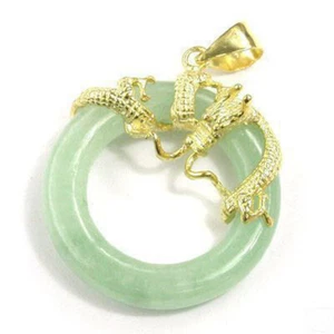 Natural Light Green Jade 18KGP Dragon Round Donut Men Women Pendant Necklace - Picture 1 of 4