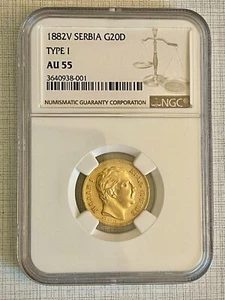 Serbia 1882 V 20 Dinara Gold NGC AU55 SKU# 4998 - Picture 1 of 2