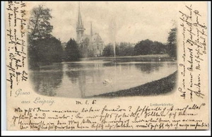 1898 Gruss aus LEIPZIG Teich Blick Lutherkirche Kirche Bedarfs-AK nach Hanau - Bild 1 von 1