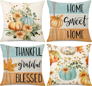 Fall Pillow Covers 18X18 Set of 4 Thanksgiving Farmhouse Decorations Floral Pump - Picture 1 of 12