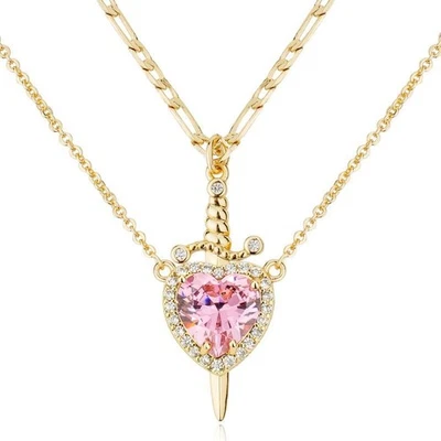 Gold & Pink Heart Dagger Necklace Set Sword Pendant Layered Chain Jewelry Gift - Image 1 of 2