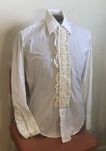 Vtg 70s 80s White With Yellow Formal Tuxedo Ruffle Shirt M - Picture 1 of 9