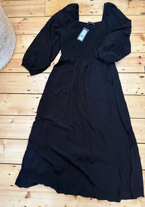 SS 2021 BNWT M&S Collection Black Square Neck Shirred Midaxi Smock Dress UK14 - Picture 1 of 3