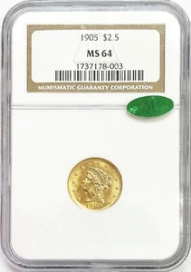 1905 GOLD US $2 1/2 LIBERTY HEAD QUARTER EAGLE COIN NGC MINT STATE 64 CAC - Picture 1 of 2