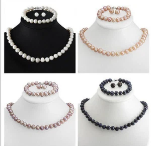 Genuine 8-9mm Freshwater Cultured Pearl Necklace Bracelet Earrings Set - Picture 1 of 9