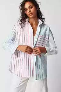 Free People WHITE WITH NOTHING UNDERNEATH Shirt Top Teal / Pink Stripe UK M - Picture 1 of 4
