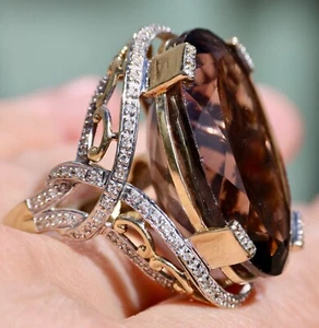 14K 585 massiver GELBGOLD 18,8 Gramm RAUCHQUARZ DIAMANT 1,3" FASSUNG RIESIGER RING - Bild 1 von 11