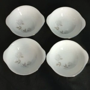 4 Noritake Rosay Lug Handle Bowls Japan #6216 White Gray with Roses Porcelain - Picture 1 of 6