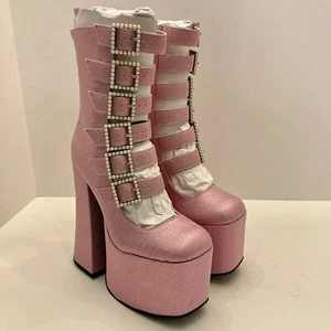 NEW Sugar Thrillz Last Act Platform Buckle Boots Womens 6 M Pink Glitter Pearls - Picture 1 of 15