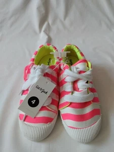 NWT Cat & Jack Girl’s Zipper Sneakers Neon Pink White Yellow Canvas Laces Sz 4 - Picture 1 of 4