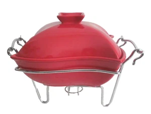 Siena by Godinger 1 Quart Red Ceramic Baking Dish w Chrome Serving Warming Stand - Picture 1 of 12