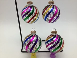 Krebs Glass Ball Ornaments Clear With Painted Rainbow Colorful Swirl Stripes Lot - Picture 1 of 5