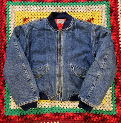 Vtg 80s Armani Jeans Cropped Denim Bomber Jacket Medium Red Quilt Lined 1980s - Image 1 of 4