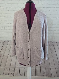 Womens Sz M POL Oversized Fuzzy Teddy Cardigan Sweater Beige Minimalist Casual - Picture 1 of 8