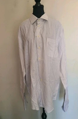 Camisa de vestir sPronto Oumo para hombre manga larga blanca a rayas sin hierro alta 16,5 Foto 1 de 4