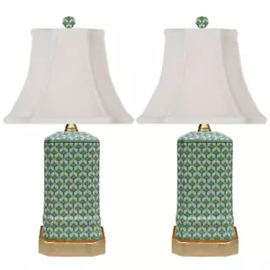 Pair of Petite Green & White Fishnet Porcelain Table Lamp With Gold Base 18"H - Picture 1 of 4